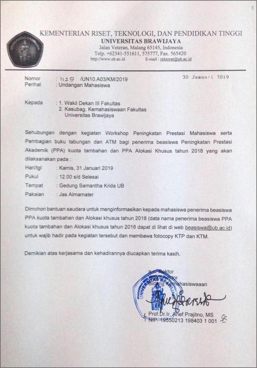 Contoh Surat Undangan Beasiswa Universitas Hang Tuah