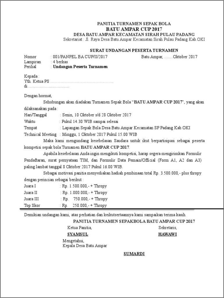 Contoh Surat Undangan Club Ctechnical Meeting Sepak Bola