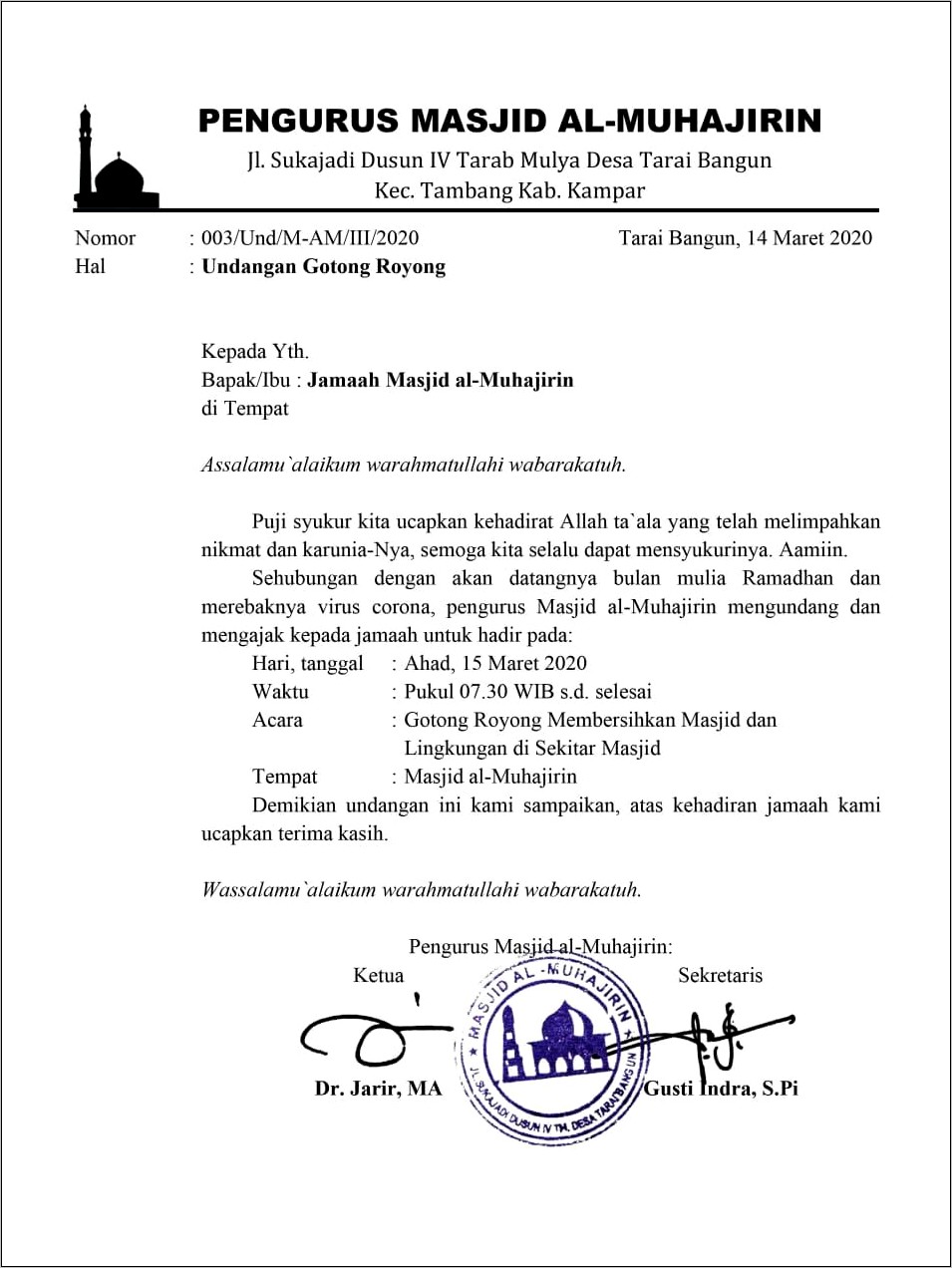 Contoh Surat Undangan Dari Masjid Untuk Masjid Sekitar