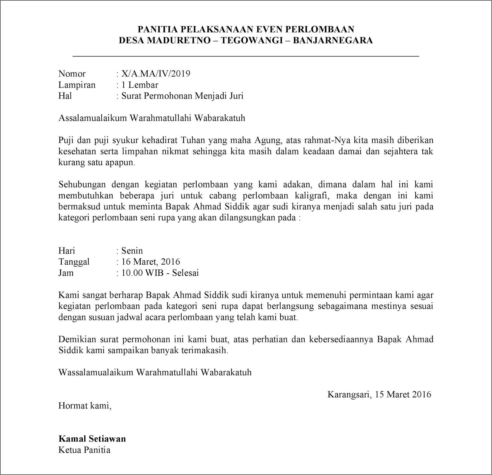 Contoh Surat Undangan Dewan Juri Dinas Sekolah