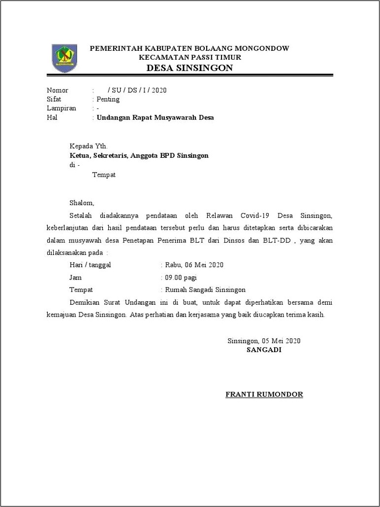 Contoh Surat Undangan Di Desa