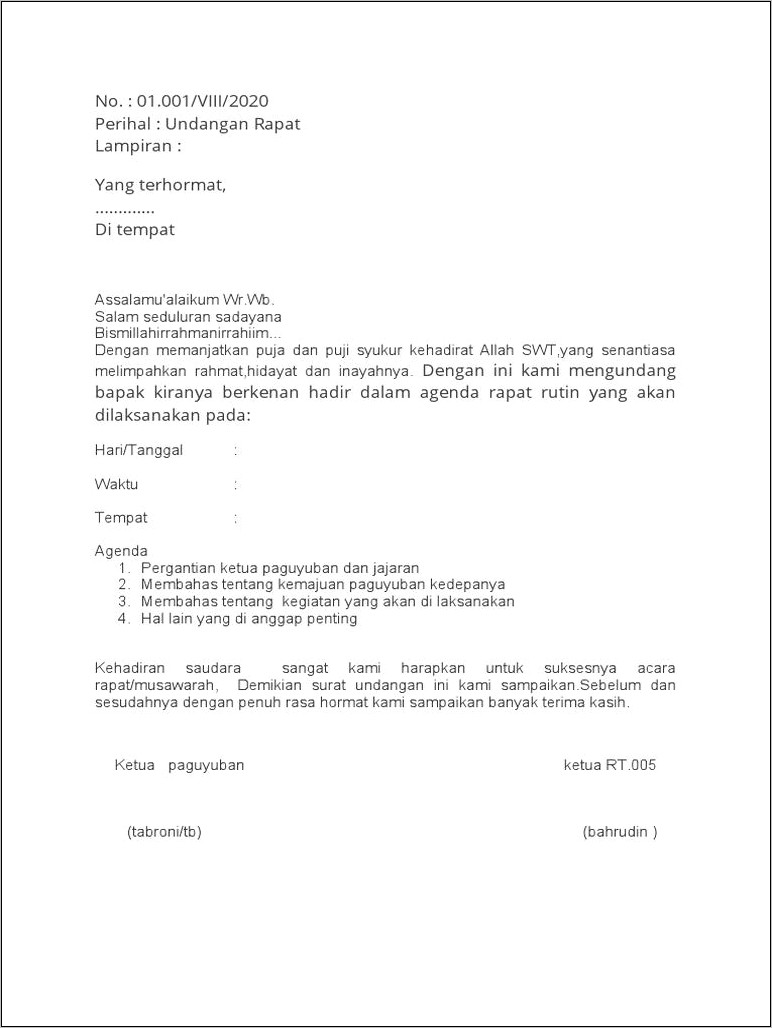 Contoh Surat Undangan Ibadah Paguyuban