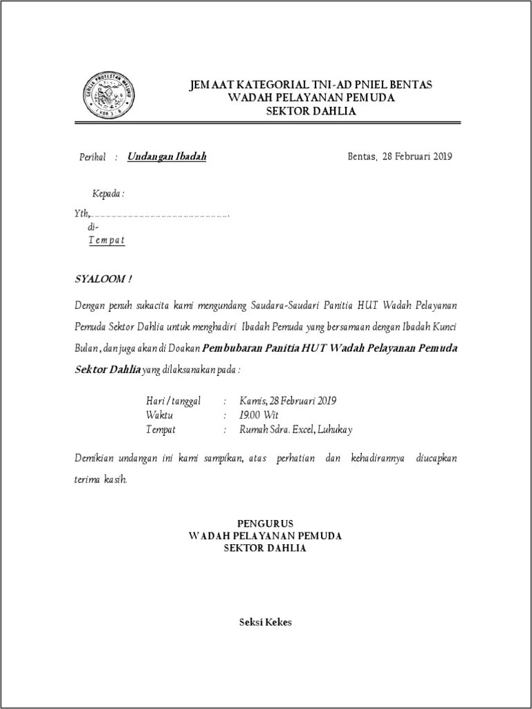 Contoh Surat Undangan Ibadah Pemuda