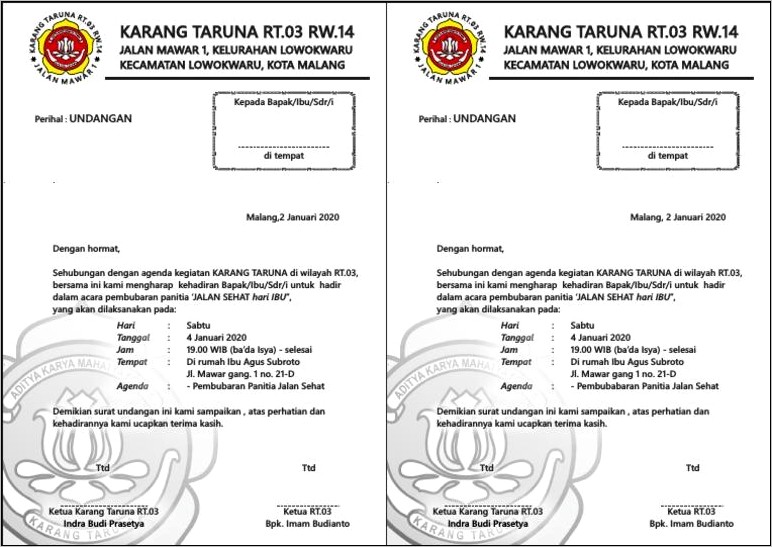 Contoh Surat Undangan Jalan Sehat Karangtaruna