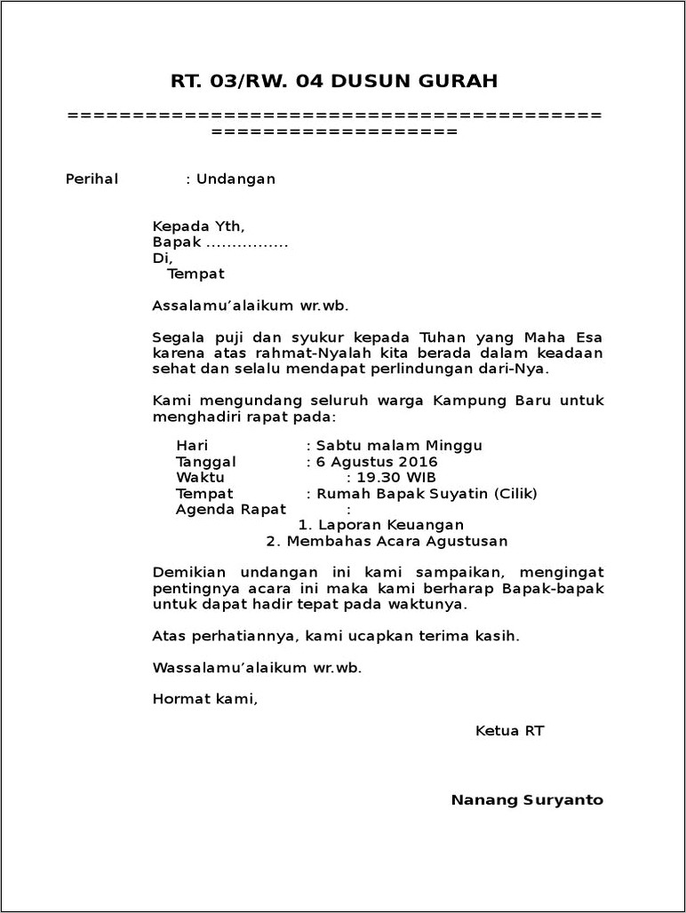 Contoh Surat Undangan Ke Rw Atau Rt