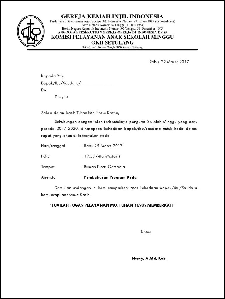 Contoh Surat Undangan Kegiatan Gereja