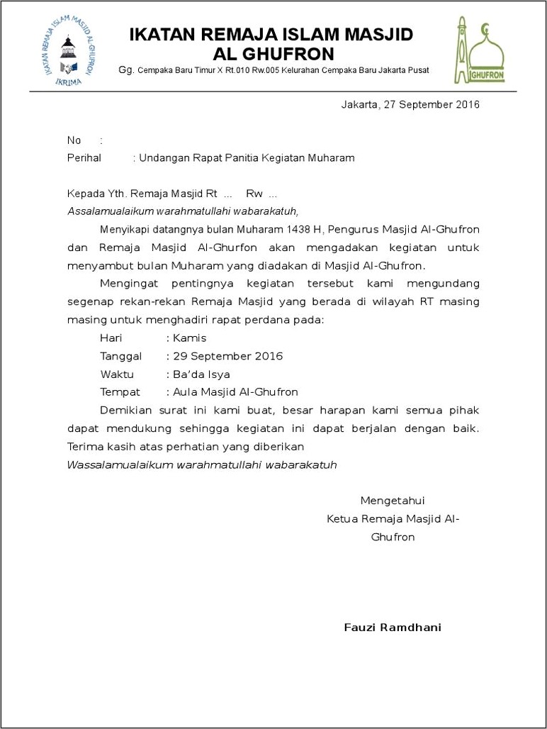 Contoh Surat Undangan Kegiatan Remaja Masjid