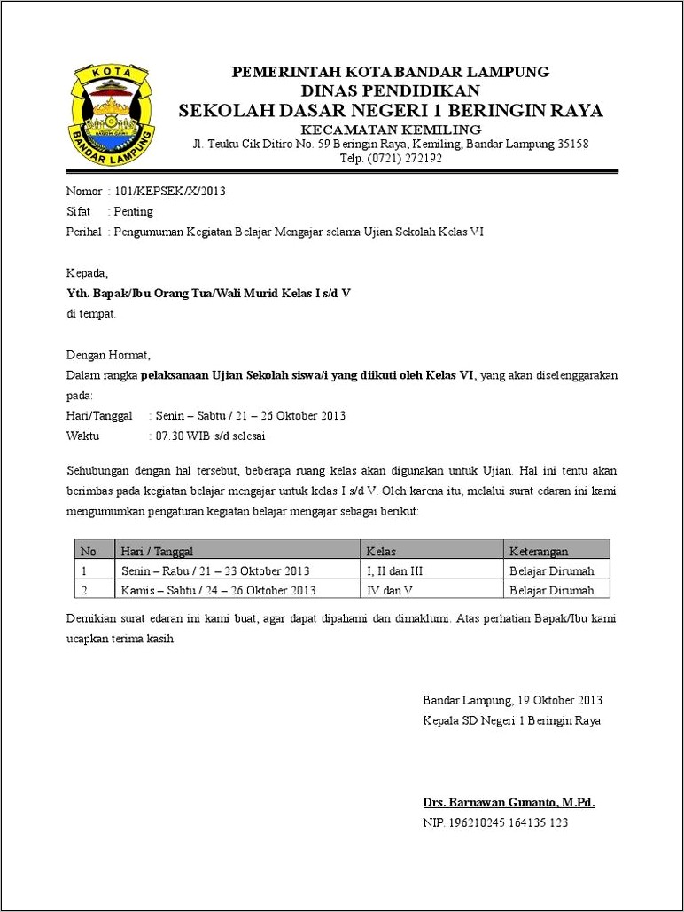 Contoh Surat Undangan Libur Sekolah An Nahla Idul Adha