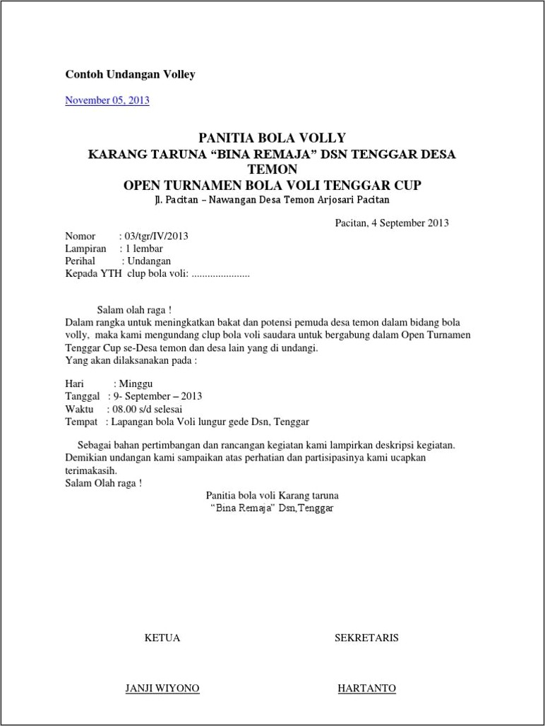 Contoh Surat Undangan Lomba Voli