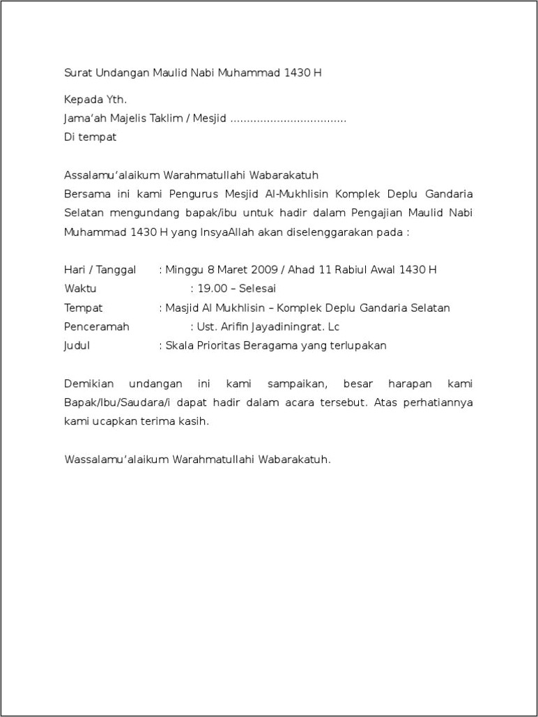 Contoh Surat Undangan Maulid Remaja Masjid