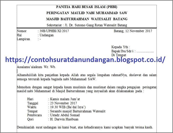 Contoh Surat Undangan Maulid Untuk Masjid