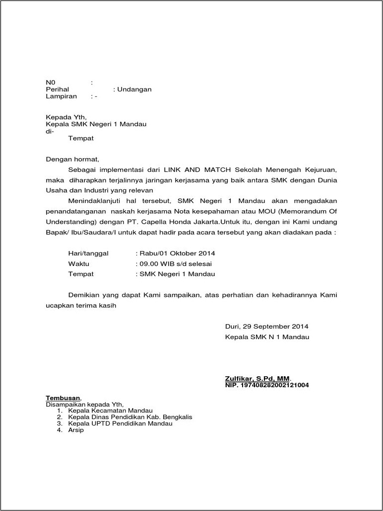 Contoh Surat Undangan Melakukan Penandatanganan Mou