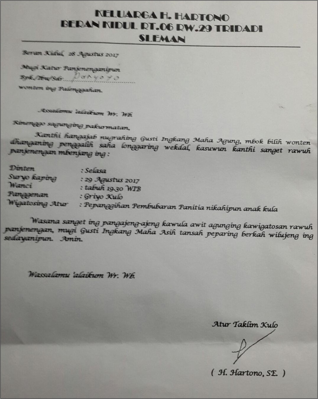 Contoh Surat Undangan Menggunakan Bahasa Jawa