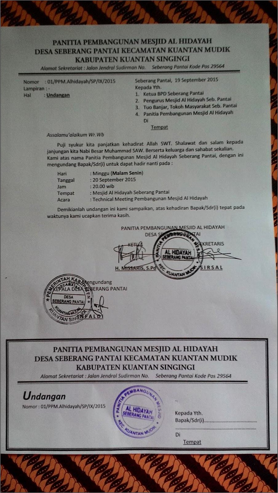 Contoh Surat Undangan Musyawarah Renovasi Masjid