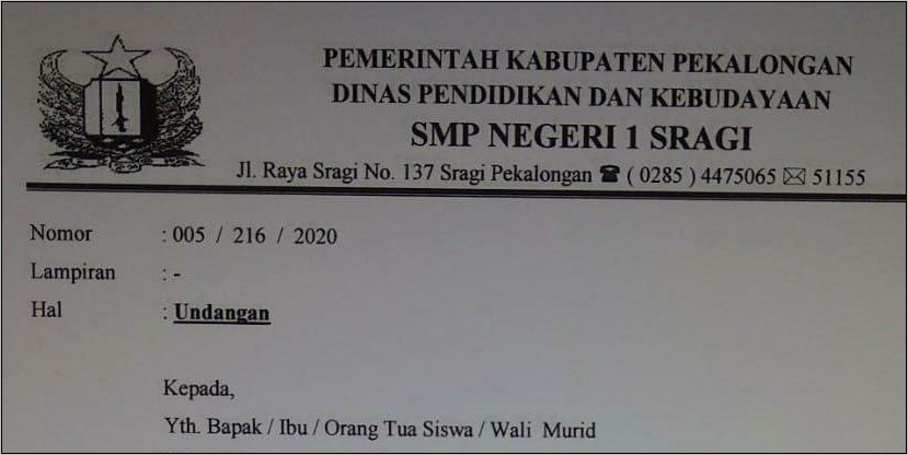 Contoh Surat Undangan Orang Tua Murid Sd