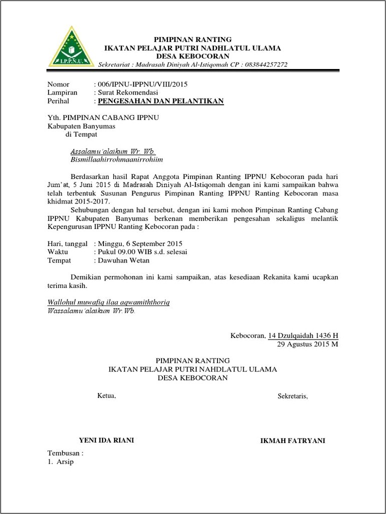 Contoh Surat Undangan Pelantikan Hmj