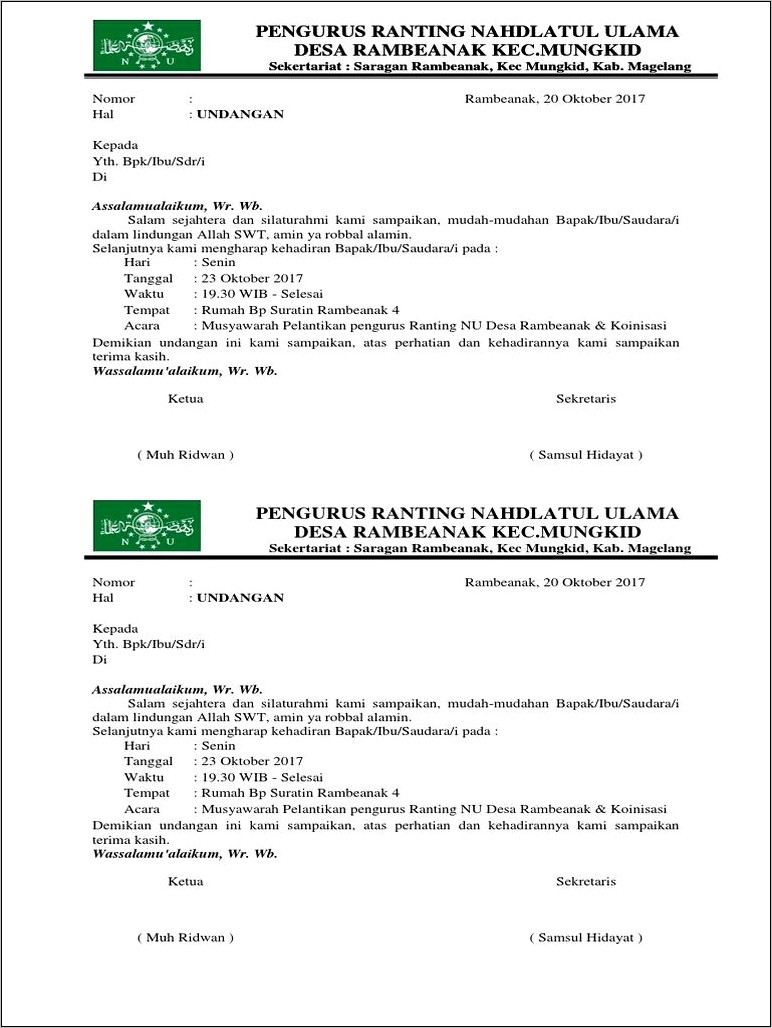 Contoh Surat Undangan Pelantikan Pengurus Nu