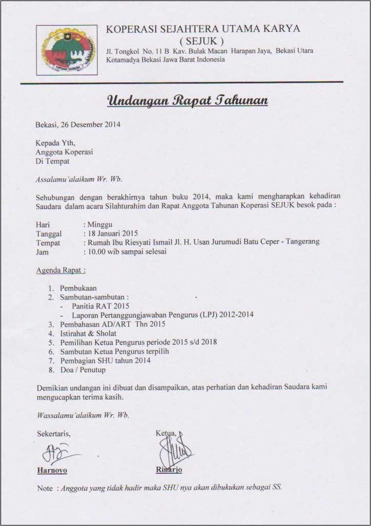 Contoh Surat Undangan Pelantikan Pengurus