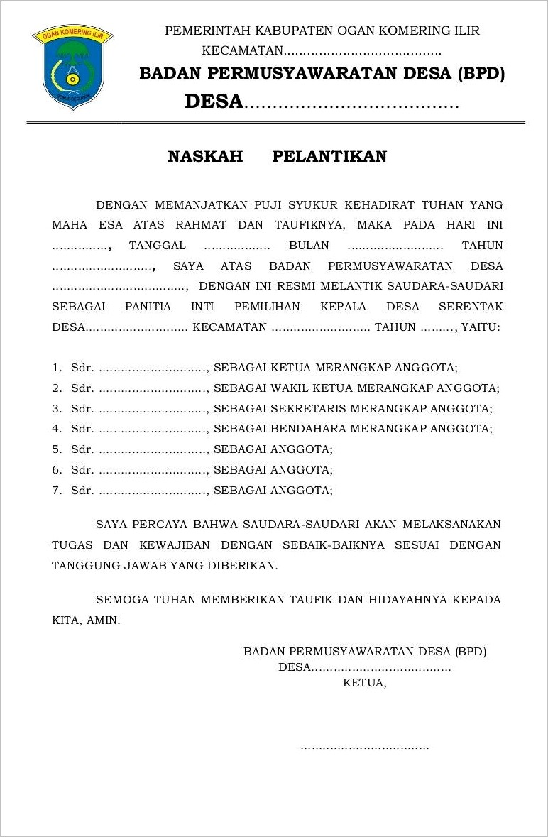 Contoh Surat Undangan Pelantikan Perangkat Desa