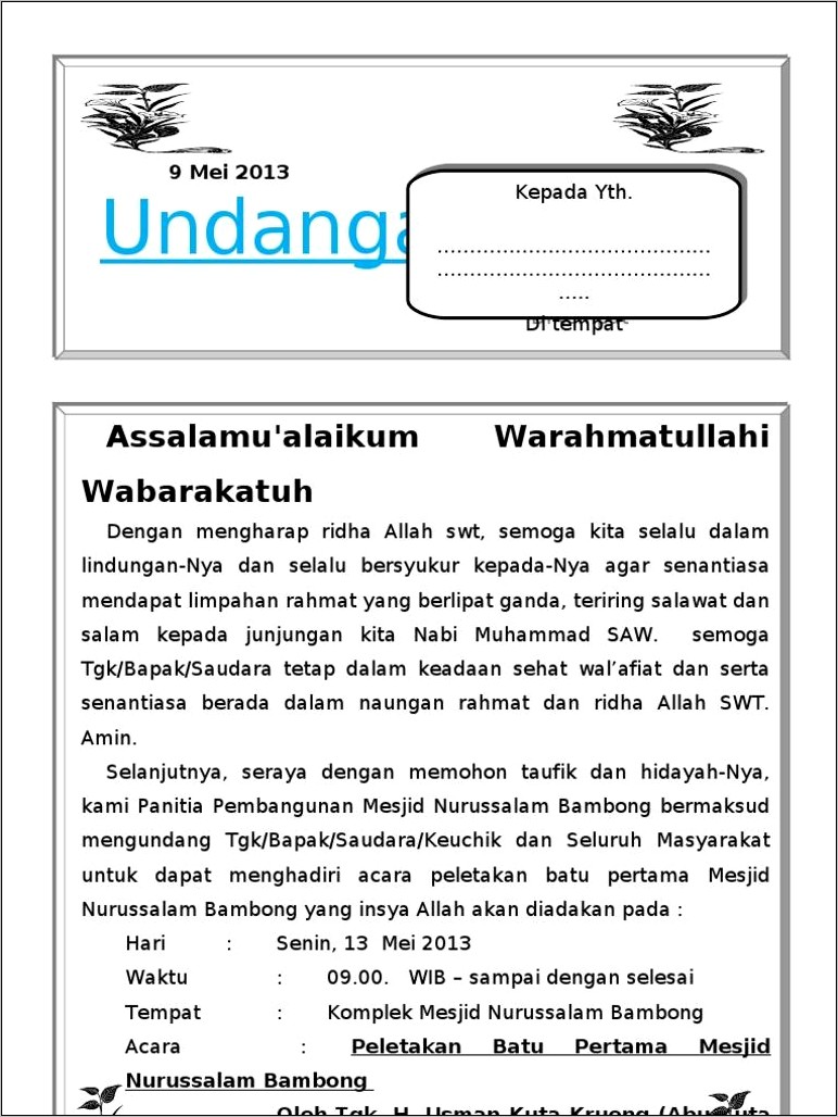 Contoh Surat Undangan Peletakan Batu Pertama Pembangunan Masjid Ke Bupati