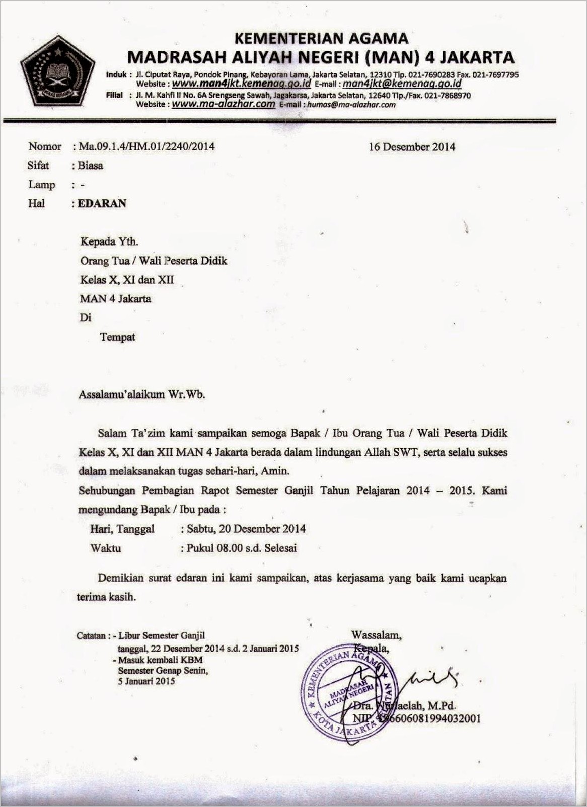 Contoh Surat Undangan Pembagian Raport Doc