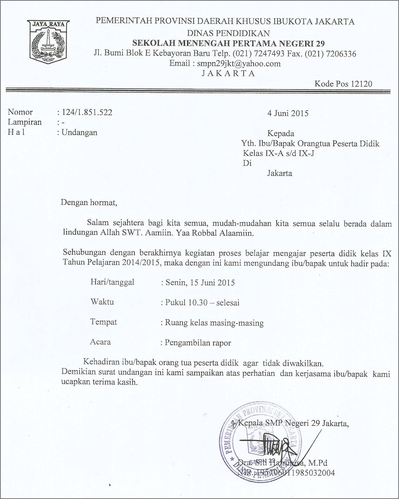 Contoh Surat Undangan Pembagian Raport