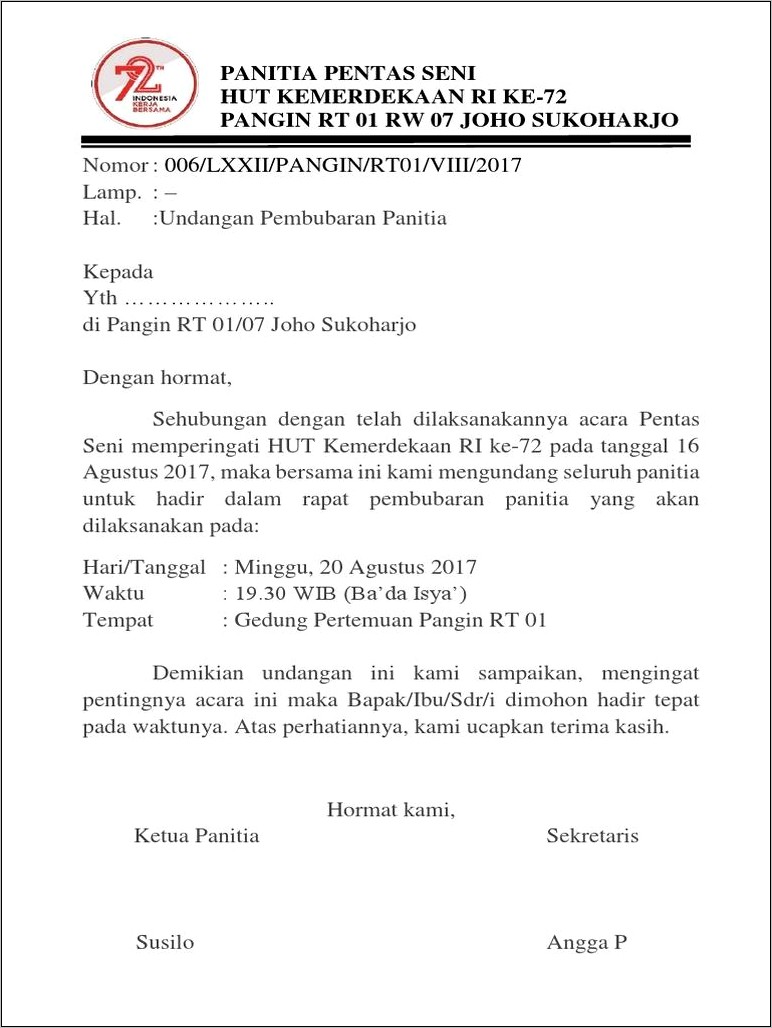 Contoh Surat Undangan Pembubaran Panitia 17 Agustusan