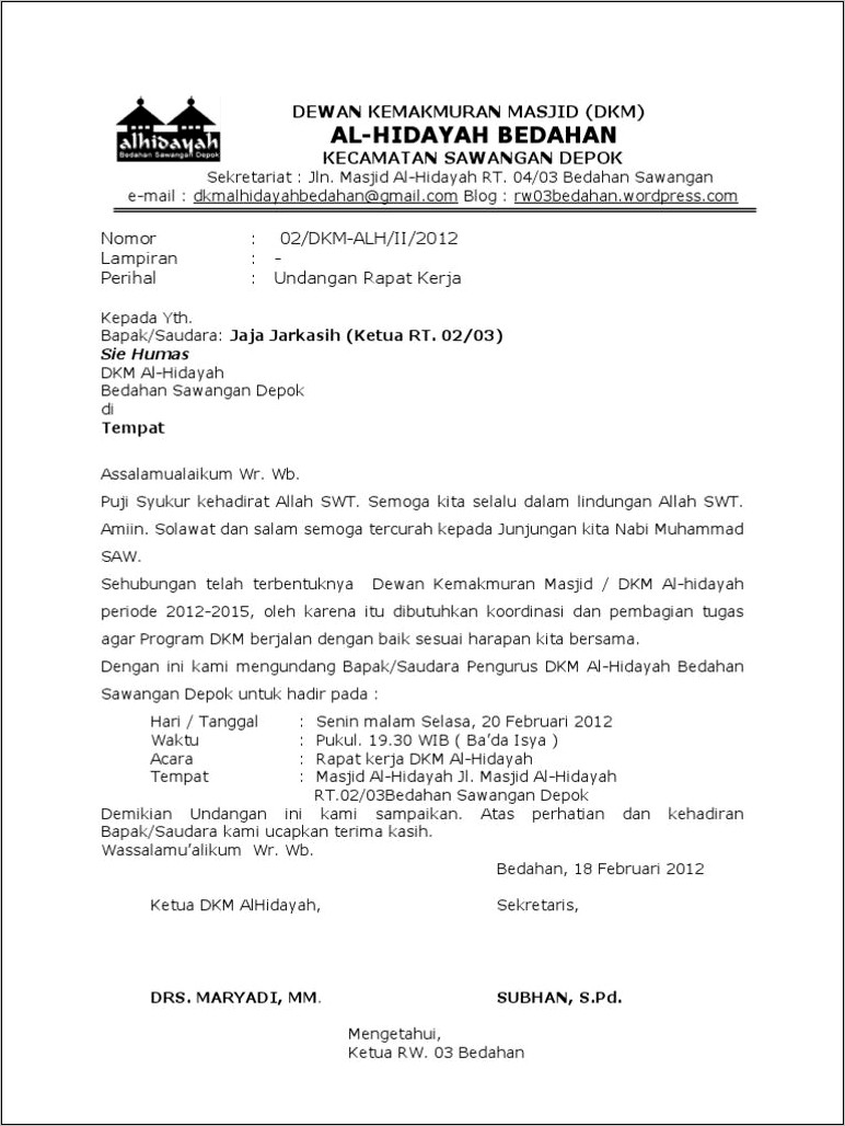 Contoh Surat Undangan Pembubaran Pengurus Rt