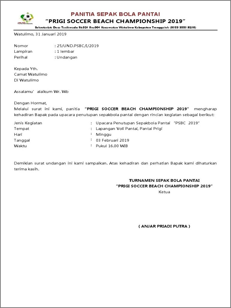 Contoh Surat Undangan Pembukaan Kegiatan Sepak Bola