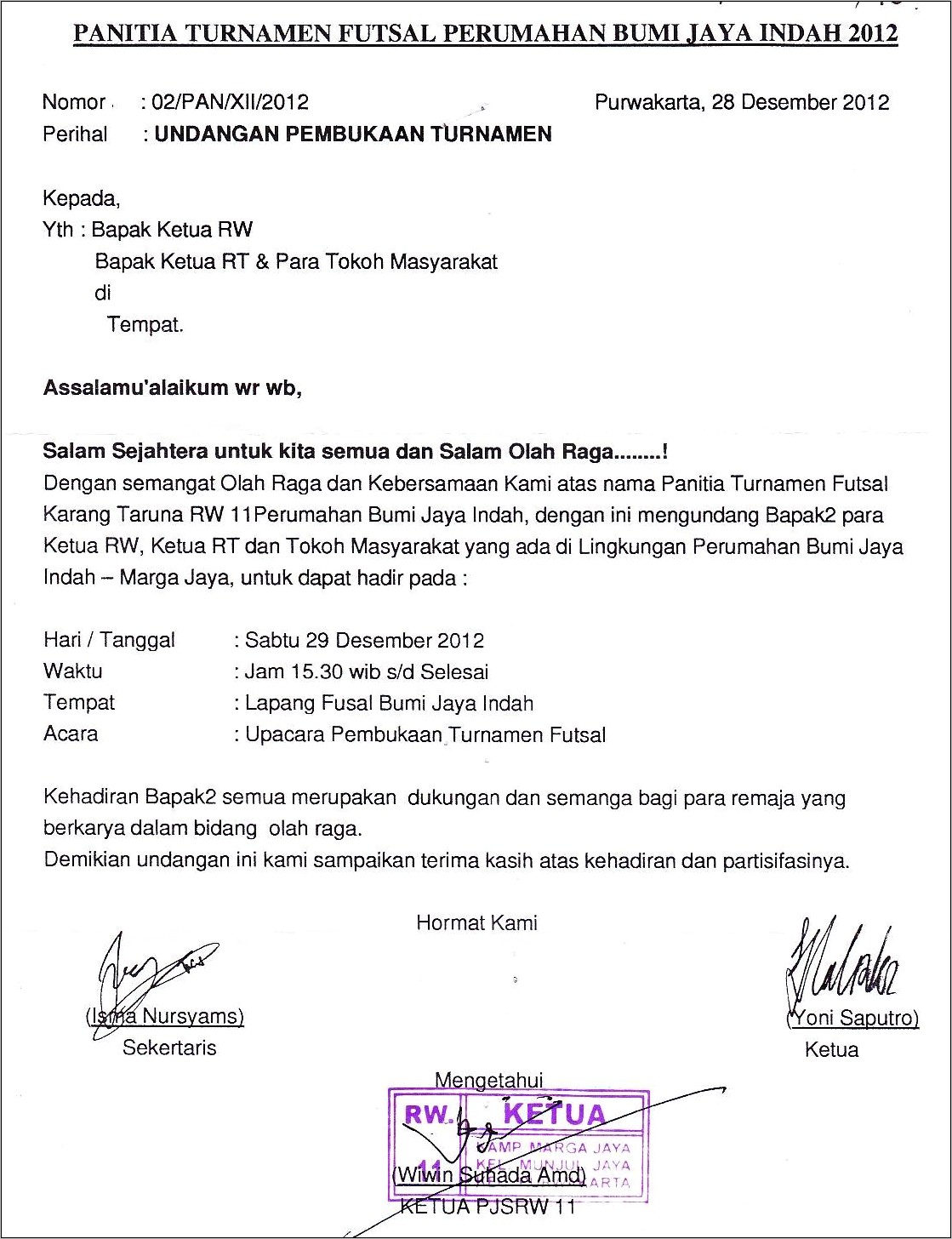 Contoh Surat Undangan Pembukaan Turnamen Sepak Bola