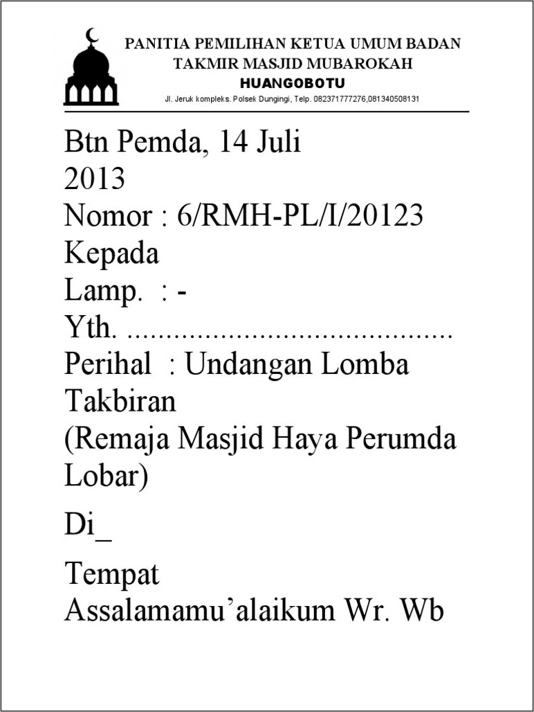 Contoh Surat Undangan Pemilihan Ketua Remaja Masjid