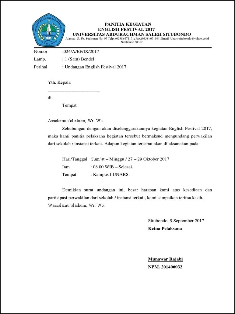 Contoh Surat Undangan Pendaftaran