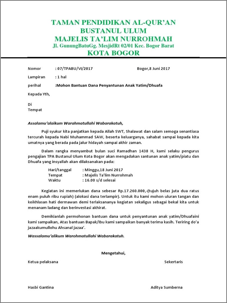 Contoh Surat Undangan Pengajian Santunan Anak Yatim