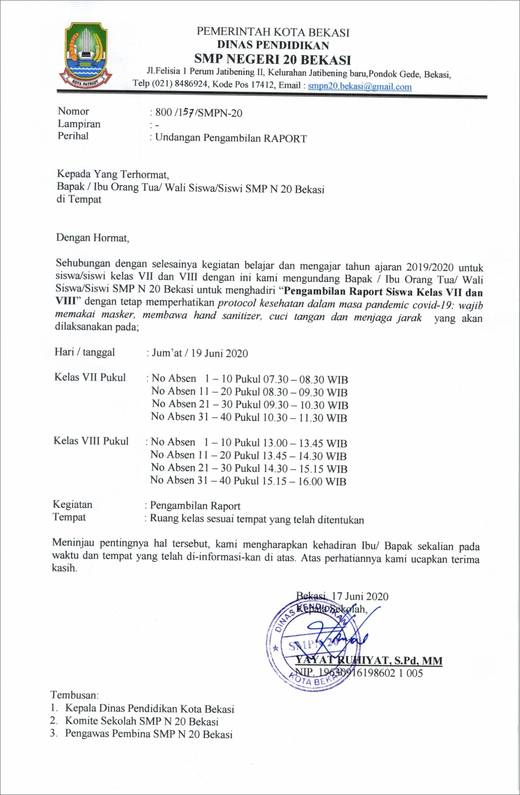 Contoh Surat Undangan Pengambilan Raport Smp