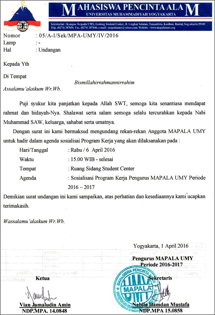 Contoh Surat Undangan Pengukuhan Organisasi Pecinta Alam