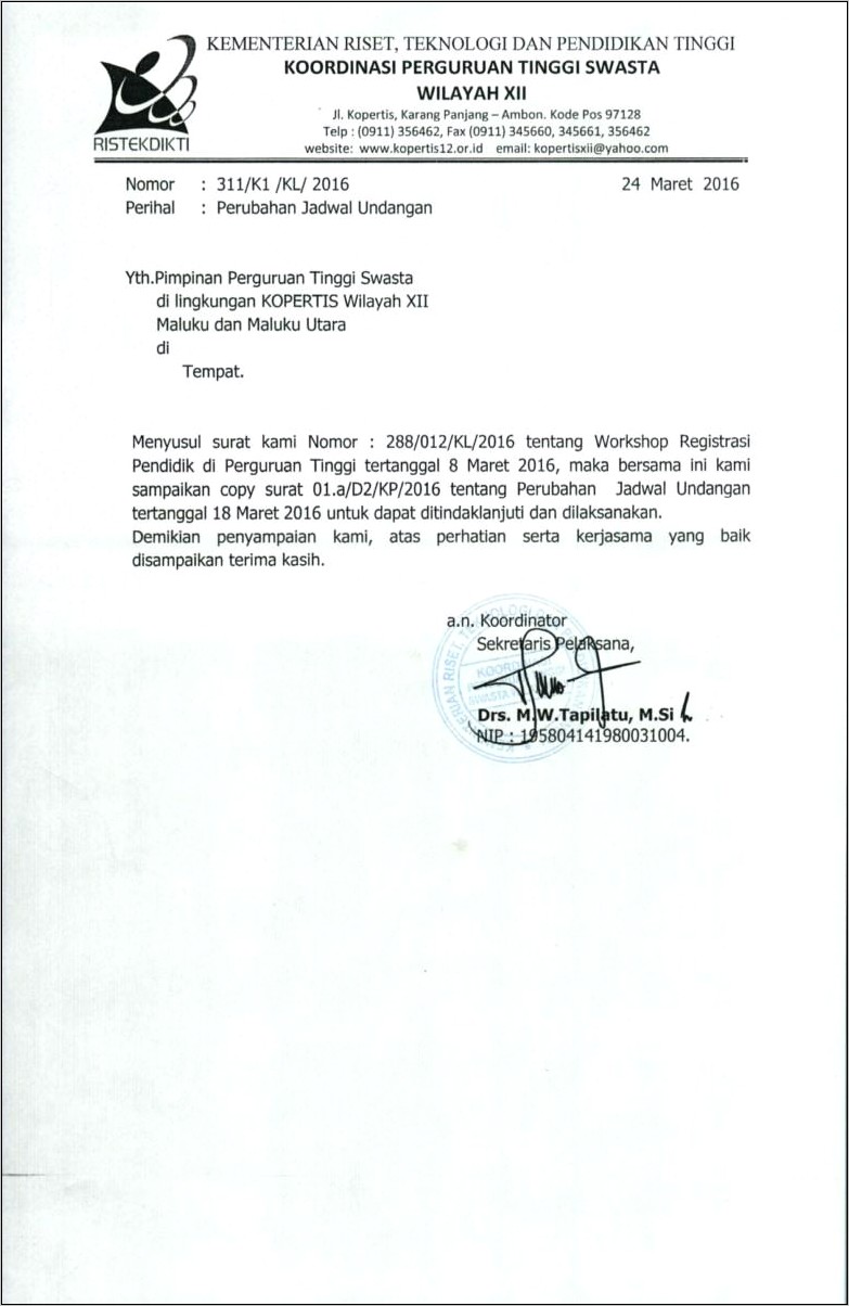 Contoh Surat Undangan Pengunduran Waktu