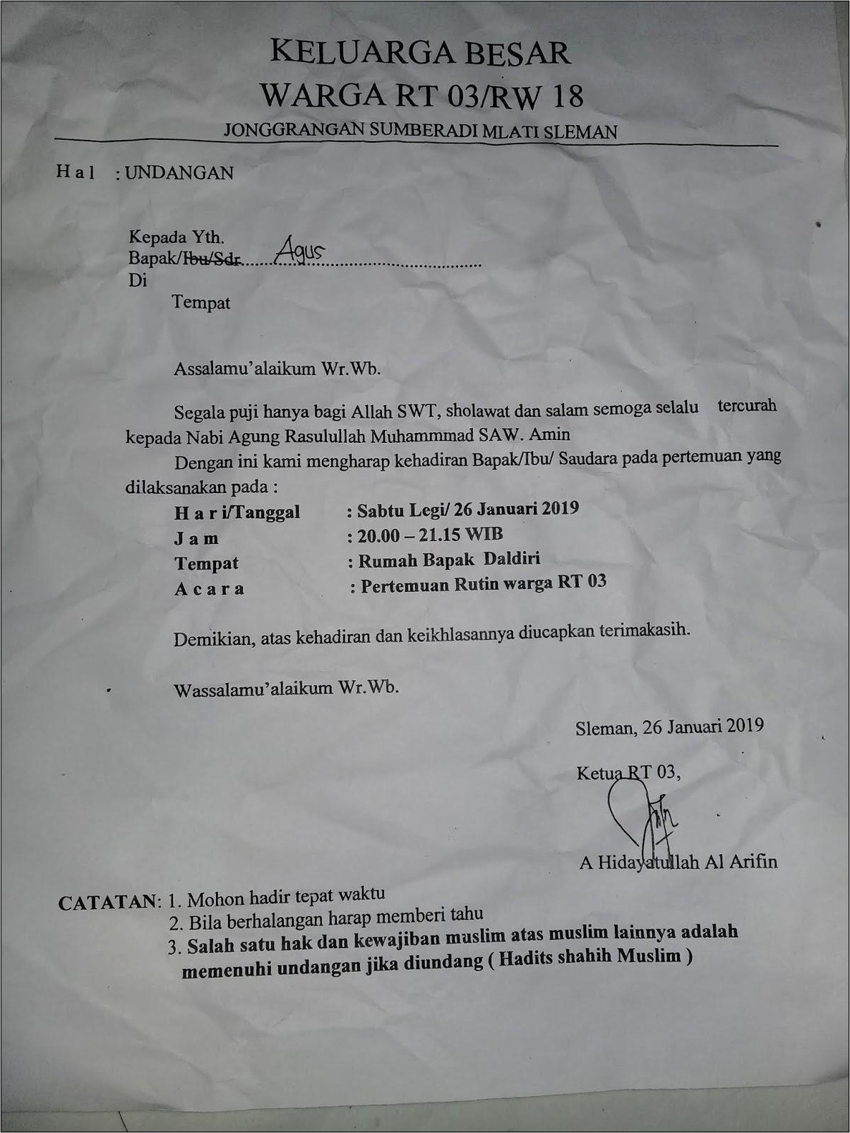 Contoh Surat Undangan Pengurus Rt