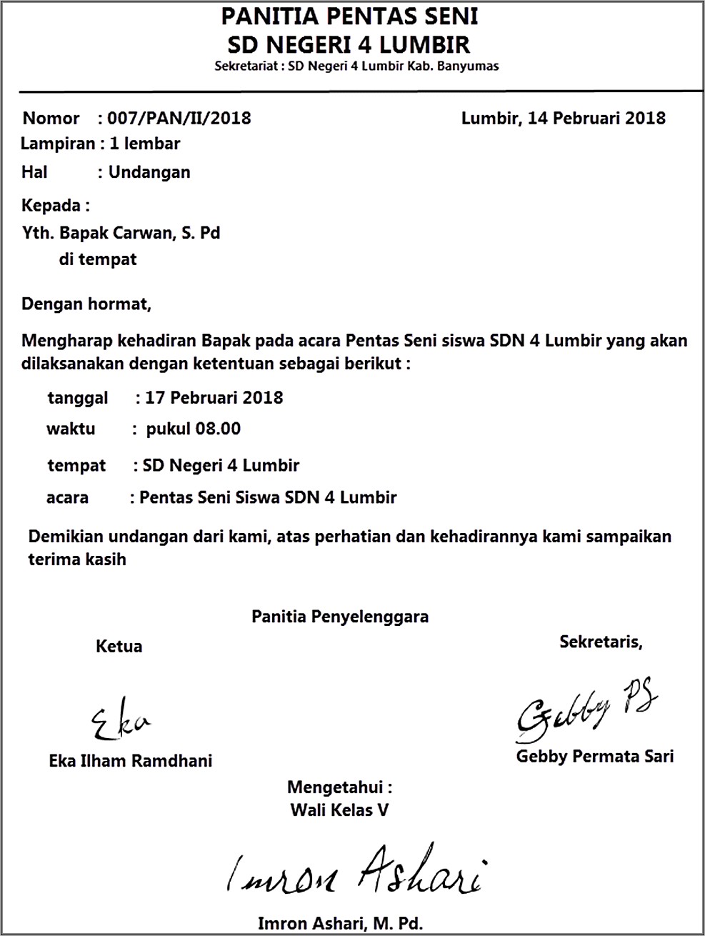 Contoh Surat Undangan Pentas Seni Sd