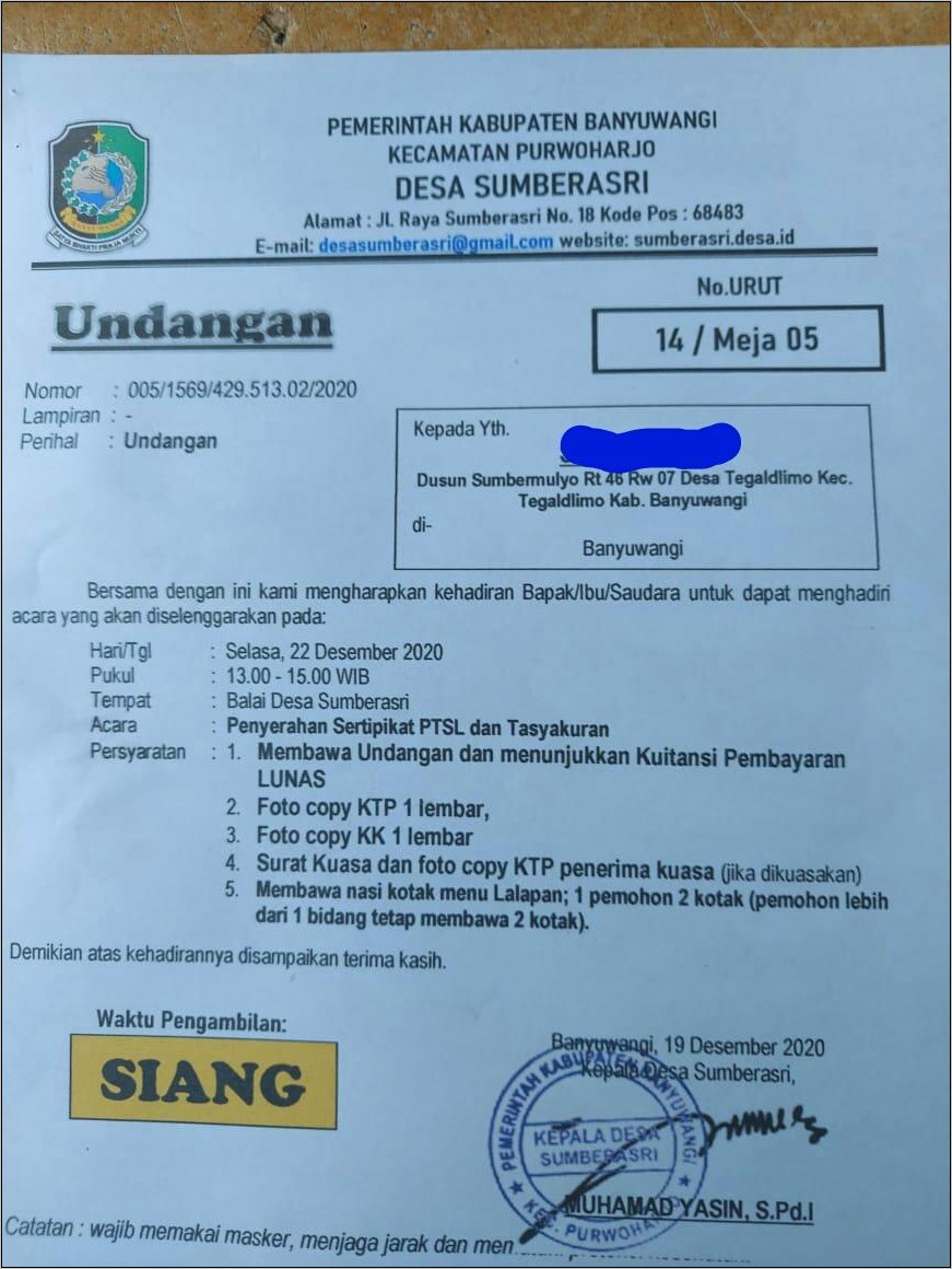 Contoh Surat Undangan Penyerahan Sertifikat Tanah