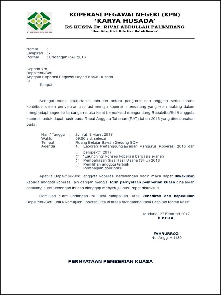 Contoh Surat Undangan Peremajaan Pengurus Koperasi