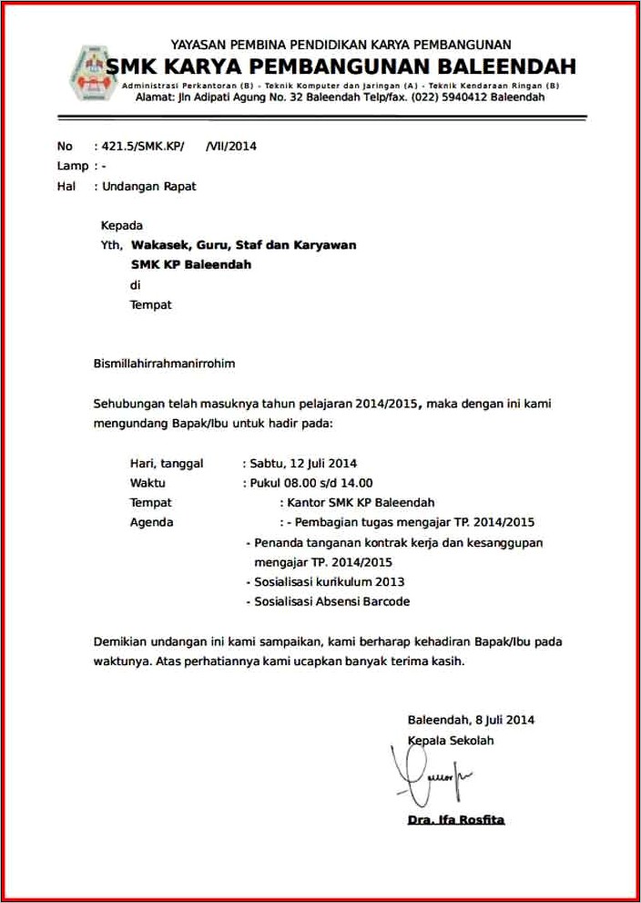 Contoh Surat Undangan Pergantian Kepala Sekolah