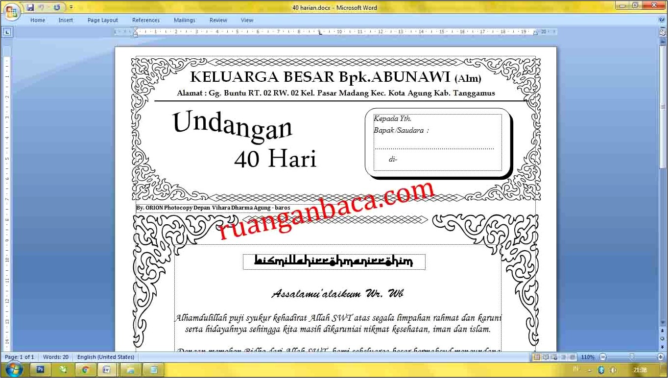 Contoh Surat Undangan Peringatan 40 Hari