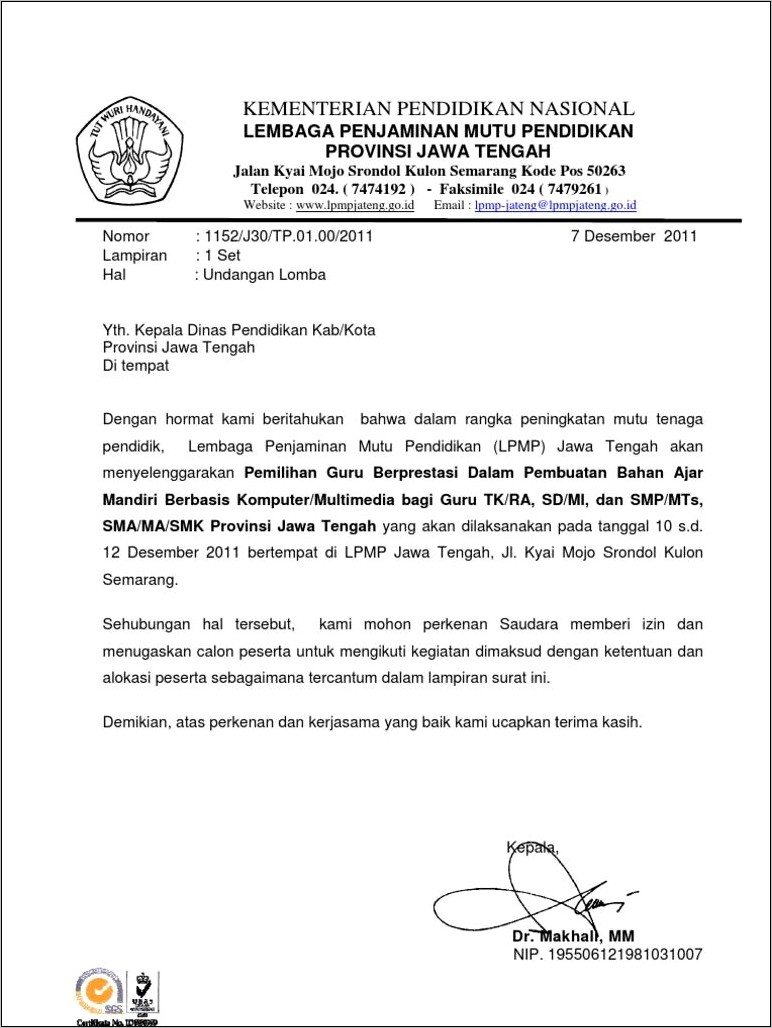 Contoh Surat Undangan Perlombaan Ke Sekolah