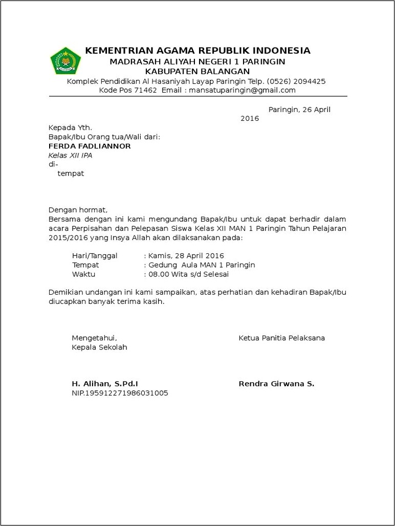 Contoh Surat Undangan Perpisahan Siswa