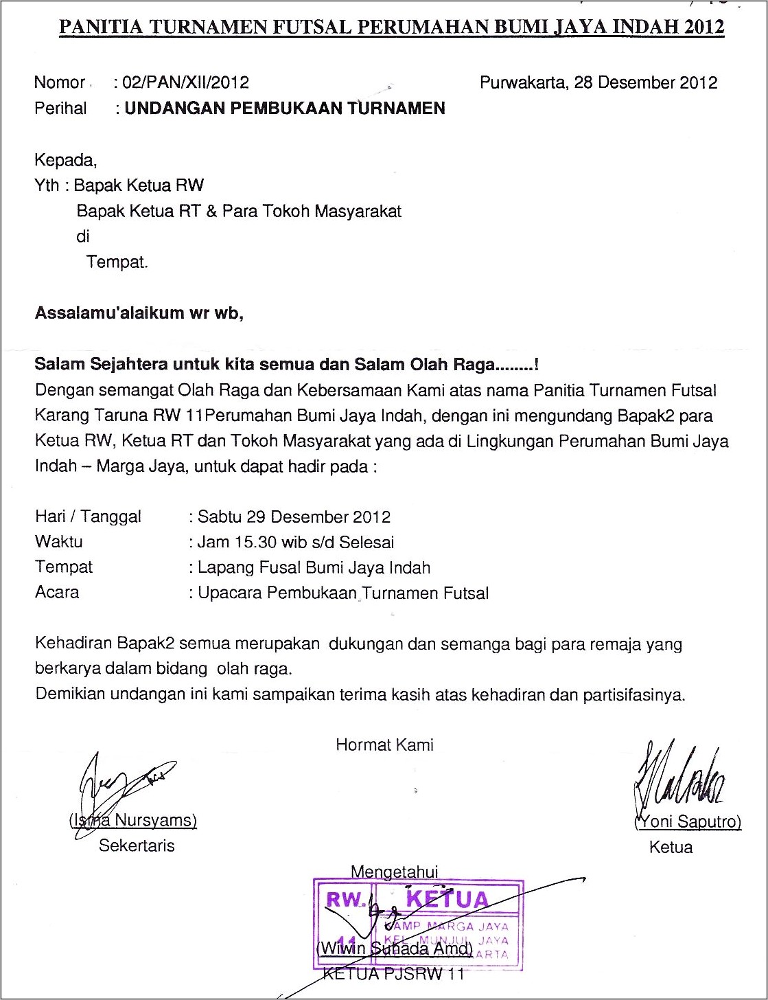 Contoh Surat Undangan Pertandingan