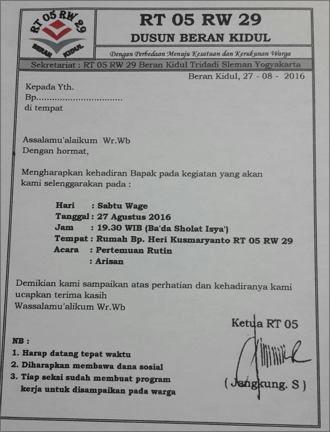 Contoh Surat Undangan Pertemuan Arisan Keluarga Besar