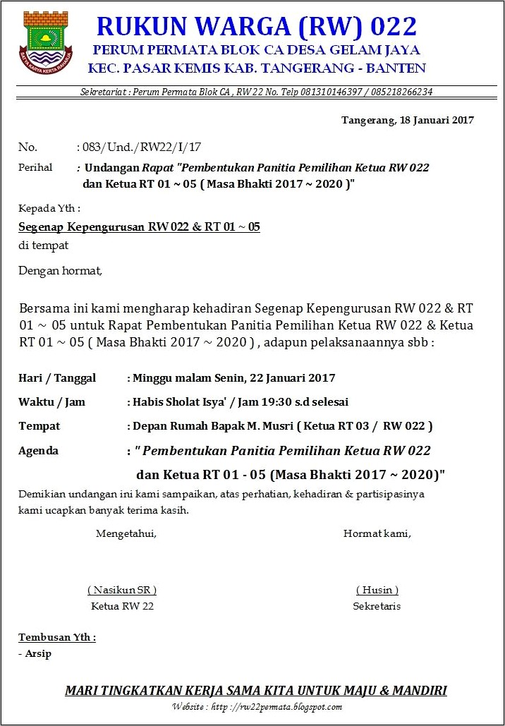 Contoh Surat Undangan Pertemuan Warga