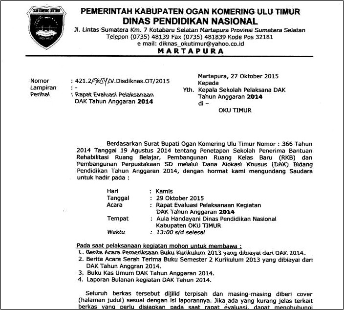 Contoh Surat Undangan Rakor Evaluasi Renja