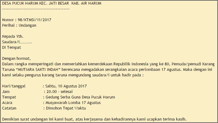 Contoh Surat Undangan Rapat 17 Agustus Disekolah