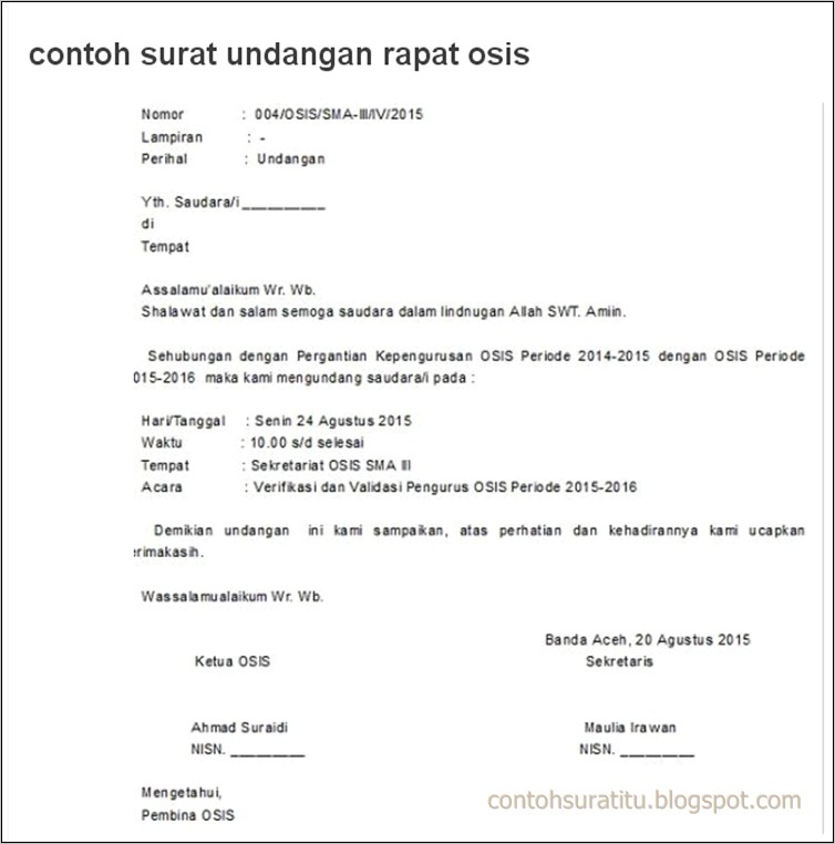 Contoh Surat Undangan Rapat Ada Ketua Dan Sekretaris